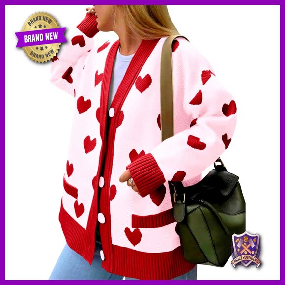 Oversized Heart Cardigan V Neck Button Long Sleeve Chunky Knit Sweater